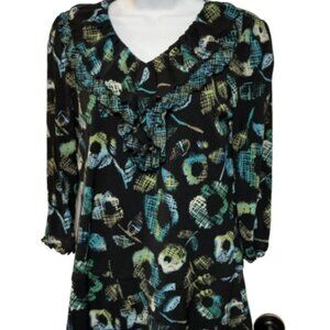 Style And Co Ladies Small 3/4 Sleeve Multicolor Ruffled Neck Nylon Blouse